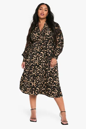 Boohoo Plus Leopard Print Belted Skater Dress - - 16