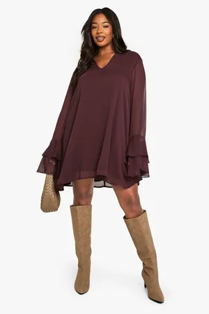Boohoo Plus Tie Neck Chiffon Smock Dress - - 16