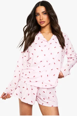 Boohoo Petite Cherry Print Long Sleeve Shirt & Shorts Pyjama Set - - 8