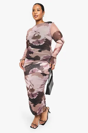 Boohoo Plus Abstract Print Mesh Flare Sleeve Midaxi Dress - - 16