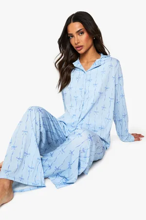 Boohoo Petite Bow Print Long Sleeve Shirt & Trousers Pyjama Set - - 6