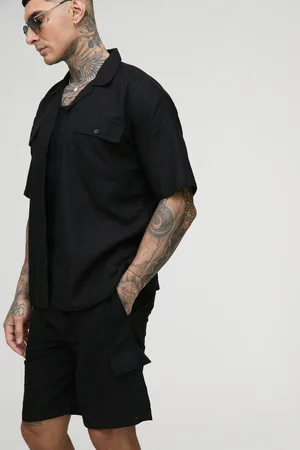 Boohoo Tall Oversized Short Sleeve Linen Cargo Shirt & Short Set - - S