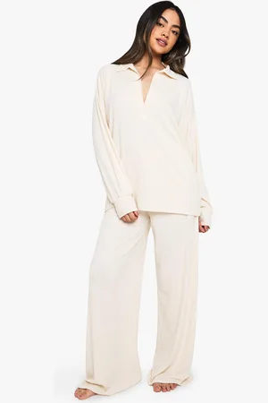 Boohoo Loungewear Soft Rib Collared Long Sleeve Top & Trousers Pyjama Set - - 6