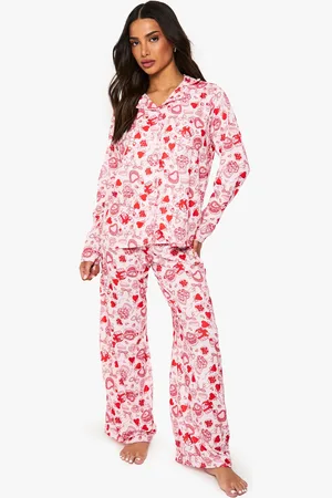 Boohoo Petite Mixed Bow & Heart Print Long Sleeve Shirt & Trousers Pyjama Set - - 6