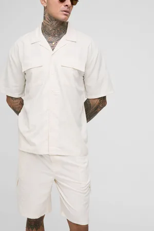 Boohoo Tall Oversized Short Sleeve Linen Cargo Shirt & Short Set - - S