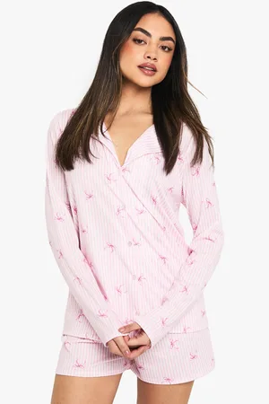 Boohoo Mixed Bow & Stripe Print Long Sleeve Shirt & Shorts Pyjama Set - - 6