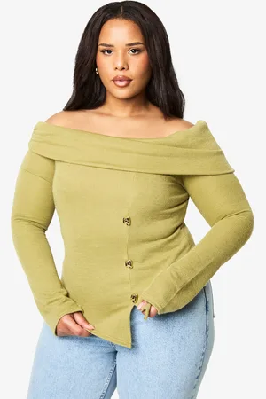 Boohoo Plus Knitted Bardot Gold Trim Split Hem Top - - 16