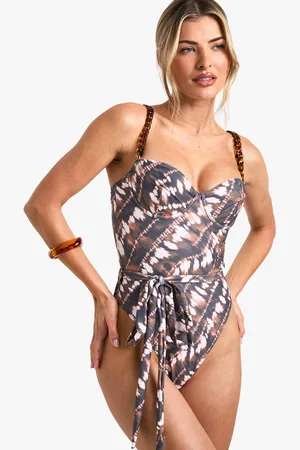 Boohoo Tie Dye Print Chain Strap Tie Front Underwired Swimsuit - - 6