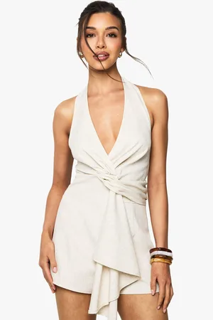 Boohoo Linen Look Twist Neck Halterneck Playsuit - - 8