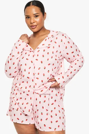 Boohoo Plus Strawberry Print Long Sleeve & Short Pj Set - - 16