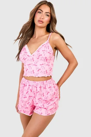 Boohoo Bow Print Lace Trim Cami Top & Shorts Pyjama Set - - 6
