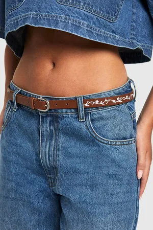 Boohoo Flower Embroidered Skinny Belt - - S/M