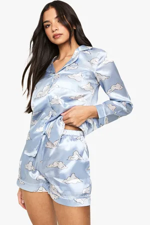 Boohoo Cloud Print Satin Long Sleeve Shirt & Shorts Pyjama Set - - 6