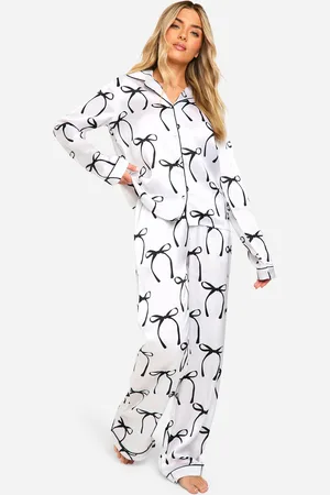 Boohoo Bow Print Satin Long Sleeve Shirt & Trousers Pyjama Set - - 6