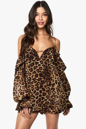 Boohoo Leopard Chiffon Cold Shoulder Ruffle Playsuit - - 10