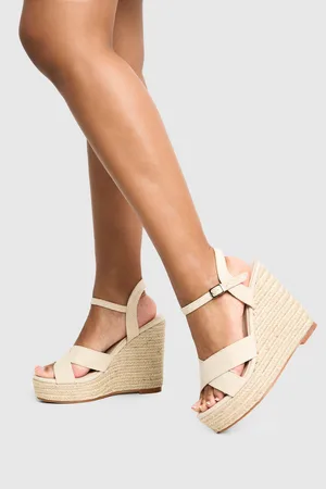 Boohoo Wide Fit Linen Crossover 2 Part Wedges - - 5