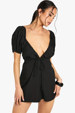 Boohoo Cotton Poplin Puff Sleeve Playsuit - - 8