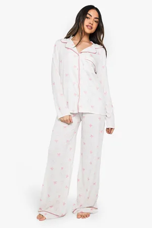 Boohoo Bow Print Piping Detail Long Sleeve Shirt & Trousers Pyjama Set - - 8