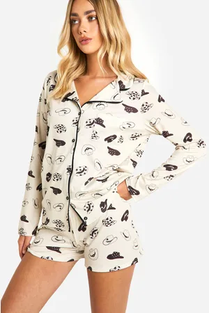 Boohoo Western Cowboy Print Long Sleeve Shirt & Shorts Pyjama Set - - 8