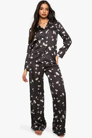 Boohoo Espresso Martini Print Satin Long Sleeve Shirt & Trousers Pyjama Set - - 6