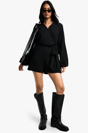 Boohoo Linen Look Wrap Over Tie Detail Playsuit - - 8