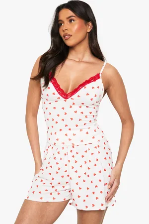 Boohoo Heart Print Lace Trim Cami & Shorts Pyjama Set - - 6