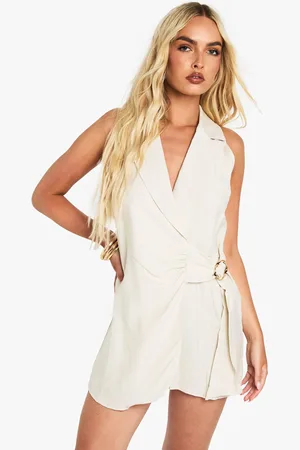 Boohoo Linen Look Buckle Detail Tie Waist Tailored Skort Playsuit - - 8