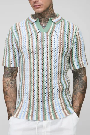 Boohoo Tall Stripe Crochet Regular Fit Polo Shirt - - S