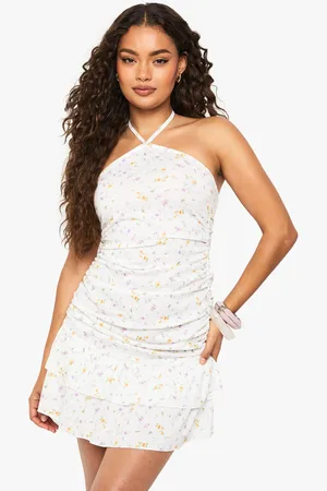 Boohoo Ditsy Floral Ruched Halterneck Mini Dress - - 8