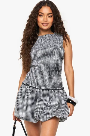 Boohoo Gingham Shired Detail Puffballl Mini Dress - - 14