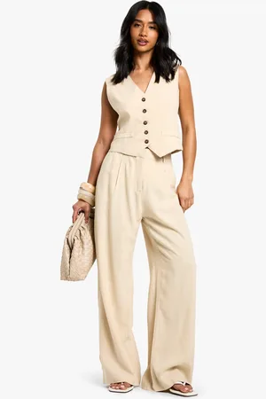 Boohoo Petite Linen Look Essential Wide Leg Trouser - - 6