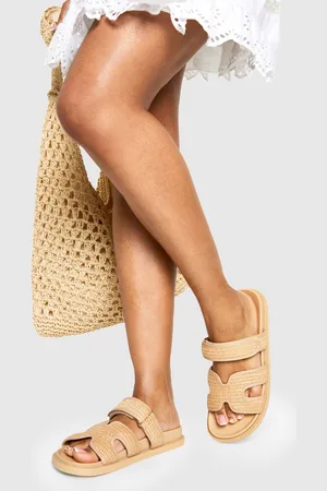 Boohoo Wide Fit Raffia Cut Out Detail Sliders - - 5
