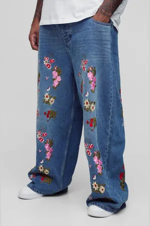 Boohoo Plus Baggy Fit Floral Embroidered Jeans - - 38