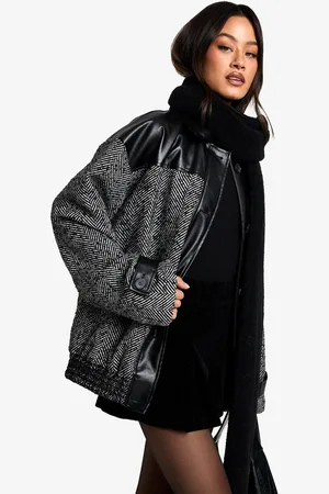 Boohoo Tall Oversized Contrast Pu Trim Herringbone Bomber Jacket - - 8