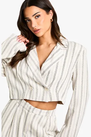 Boohoo Petite Stripe Linen Look Cropped Blazer - - 6