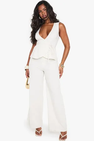 Boohoo Linen Look Wide Leg Plunge Jumpsuit - - 8