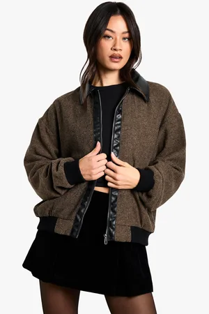 Boohoo Tall Contrast Pu Trim Wool Look Bomber Jacket - - 8