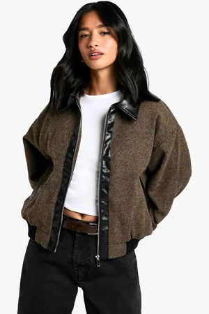 Boohoo Petite Pu Trim Wool Look Bomber Jacket - - 6