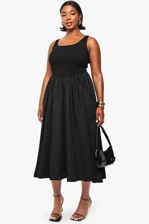Boohoo Plus Rib Scoop Neck Mixed Fabric Skater Midaxi Dress - - 16
