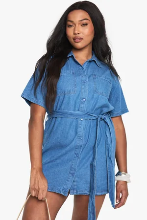 Boohoo Plus Chambray Denim Tie Belt Dress - - 28