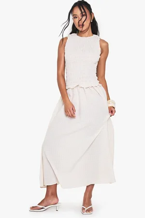 Boohoo Gingham Shirred Detail Drop Waist Midaxi Dress - - 10