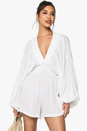 Boohoo Cheescloth Plunge Long Sleeve Playsuit - - 8