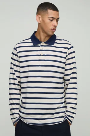 Boohoo Regular Fit Stripe Long Sleeve Button Rugby Polo - - S