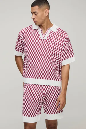 Boohoo Man Oversized Boxy Jacquard Check Knitted Polo & Relaxed Short Set - - S