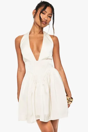 Boohoo Satin Halterneck Boned Detail Volume Mini Dress - - 8
