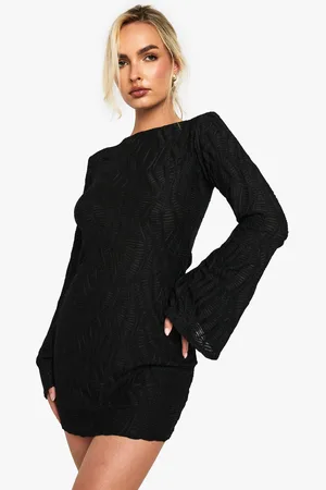 Boohoo Textured Flare Sleeve Slash Neck Mini Dress - - 8