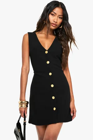 Boohoo Gold Button V Neck Shift Dress - - 12