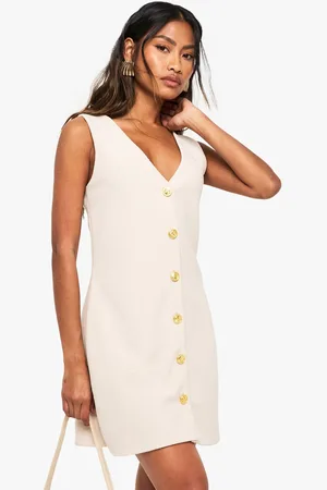 Boohoo Gold Button V Neck Shift Dress - - 14