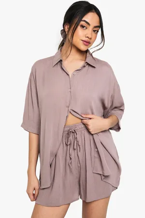 Boohoo Crinkle Short Sleeved Shirt, Shorts & Scrunchie Set - - 6
