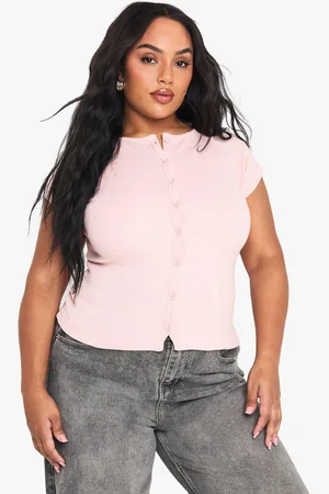Boohoo Plus Rib Button Through Cap Sleeve Top - - 16